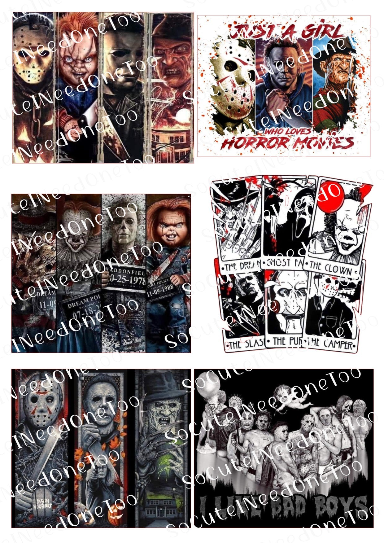 Collage of horror movie character waterslide decals
