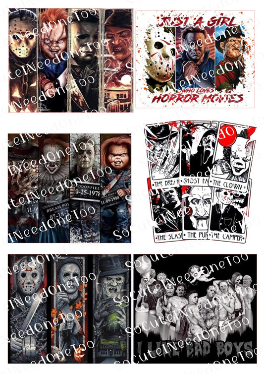 Collage of horror movie character waterslide decals