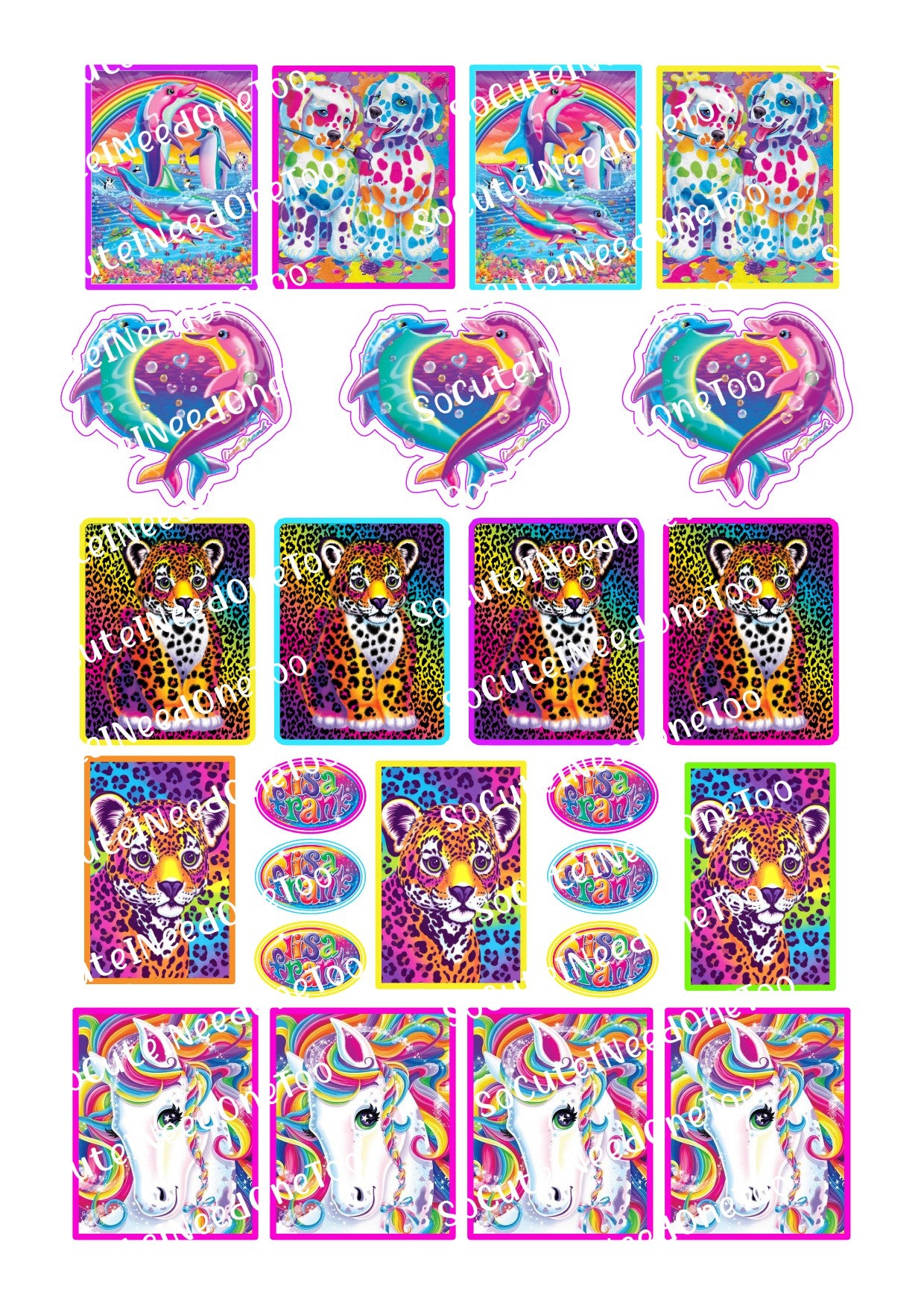 Lisa_Frank_7_ Colorful stickers with various designs including unicorns, rainbows, and text on a white background.