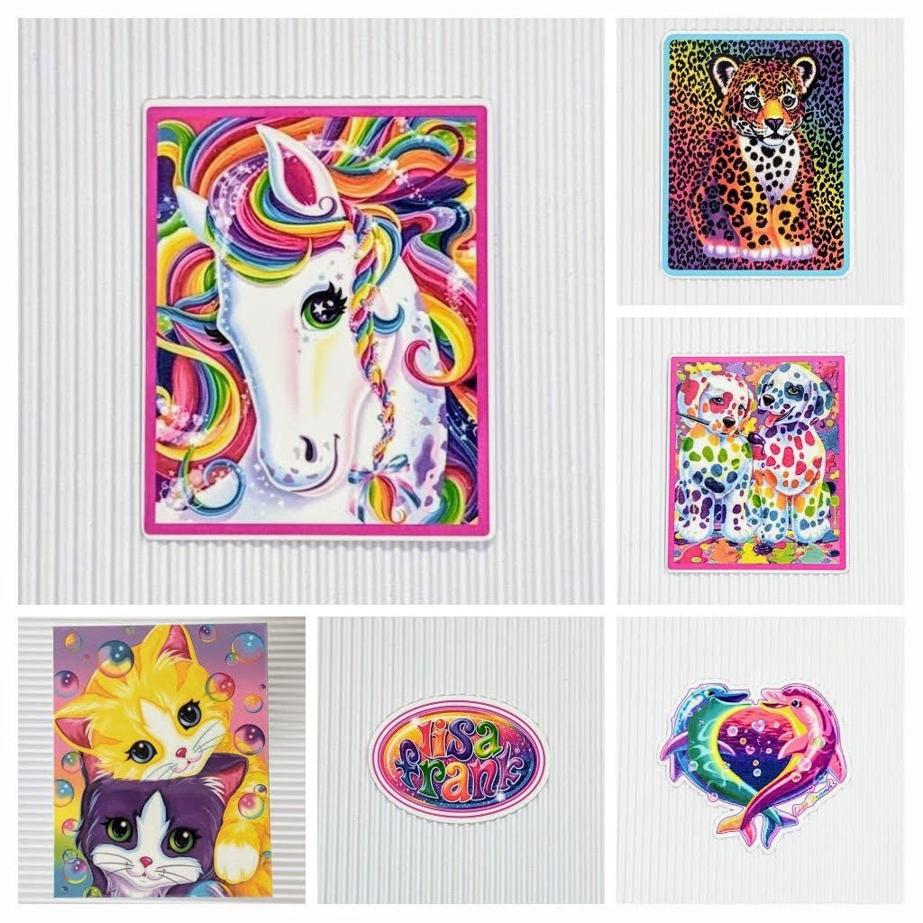 Collage of colorful children's stickers featuring animals and a rainbow design.