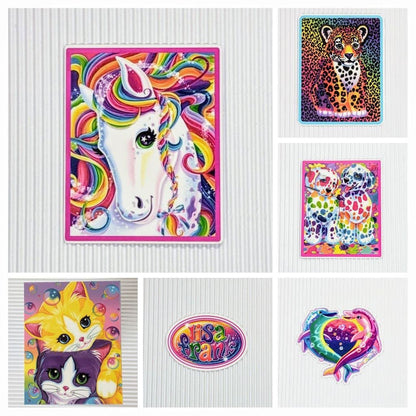 Collage of colorful children's stickers featuring animals and a rainbow design.