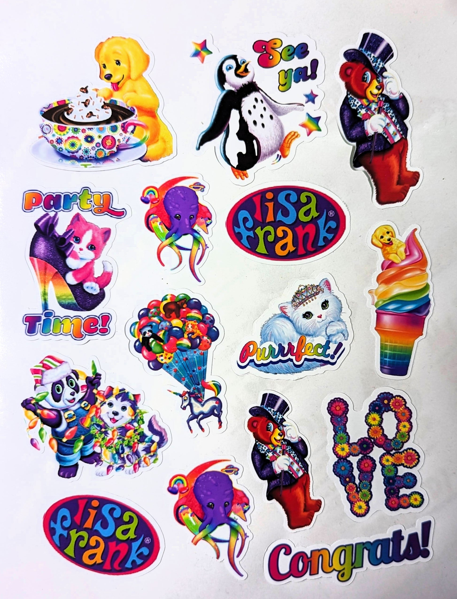 Collection of colorful Lisa Frank-themed stickers on a white background