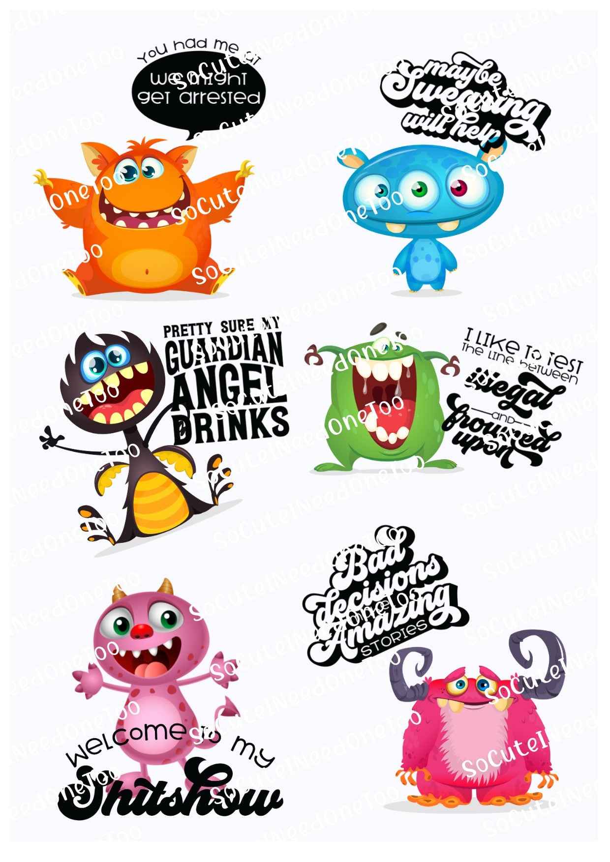 Monsters Adult Sayings Waterslide Decals – Funny Monster Designs for Tumblers