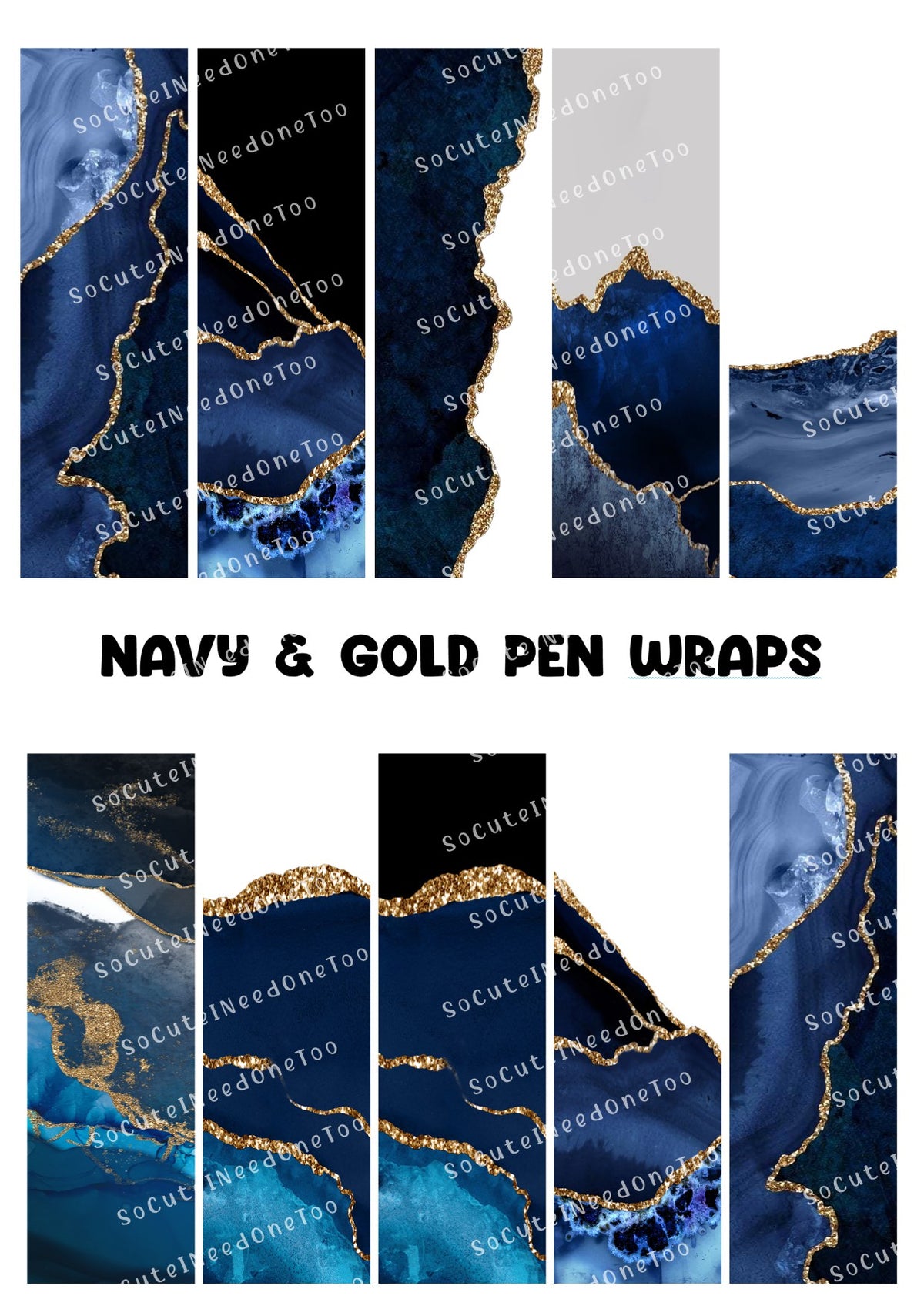 Navy & Gold Pen Wraps – Elegant Waterslide Designs for Bic Pens