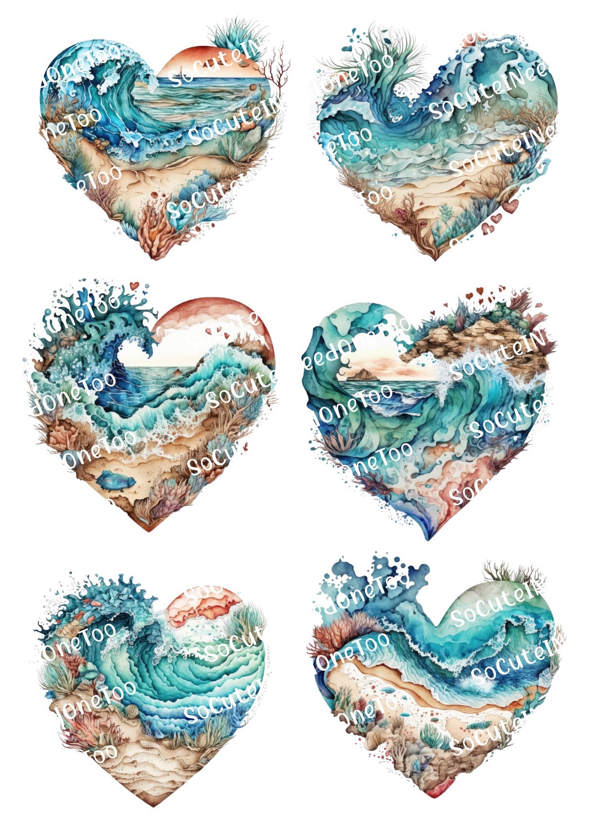Corazones de océano sobre papel transparente/blanco para impresión al agua, listos para usar