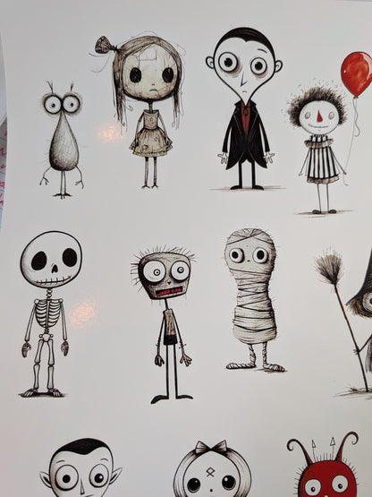Ragdoll girl, vampire, clown and skeleton sketched Halloween stickers