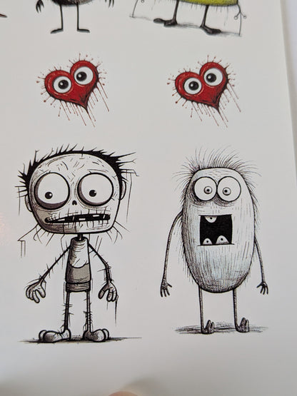 Sketched zombie boy, fuzzy monster and red heart Halloween stickers