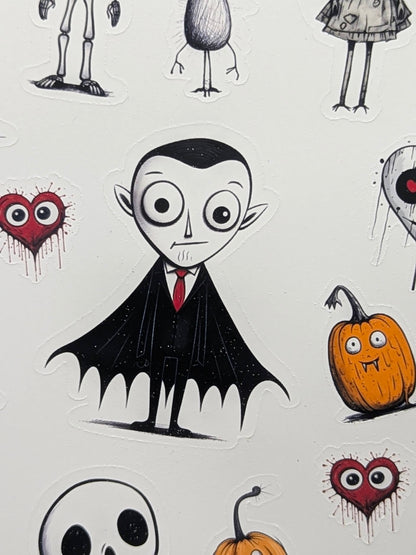 Caped vampire, pumpkin and red heart sketched Halloween stickers