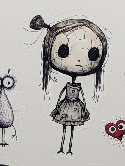 Close-up of the sketched ragdoll girl sticker on clear sticker paper