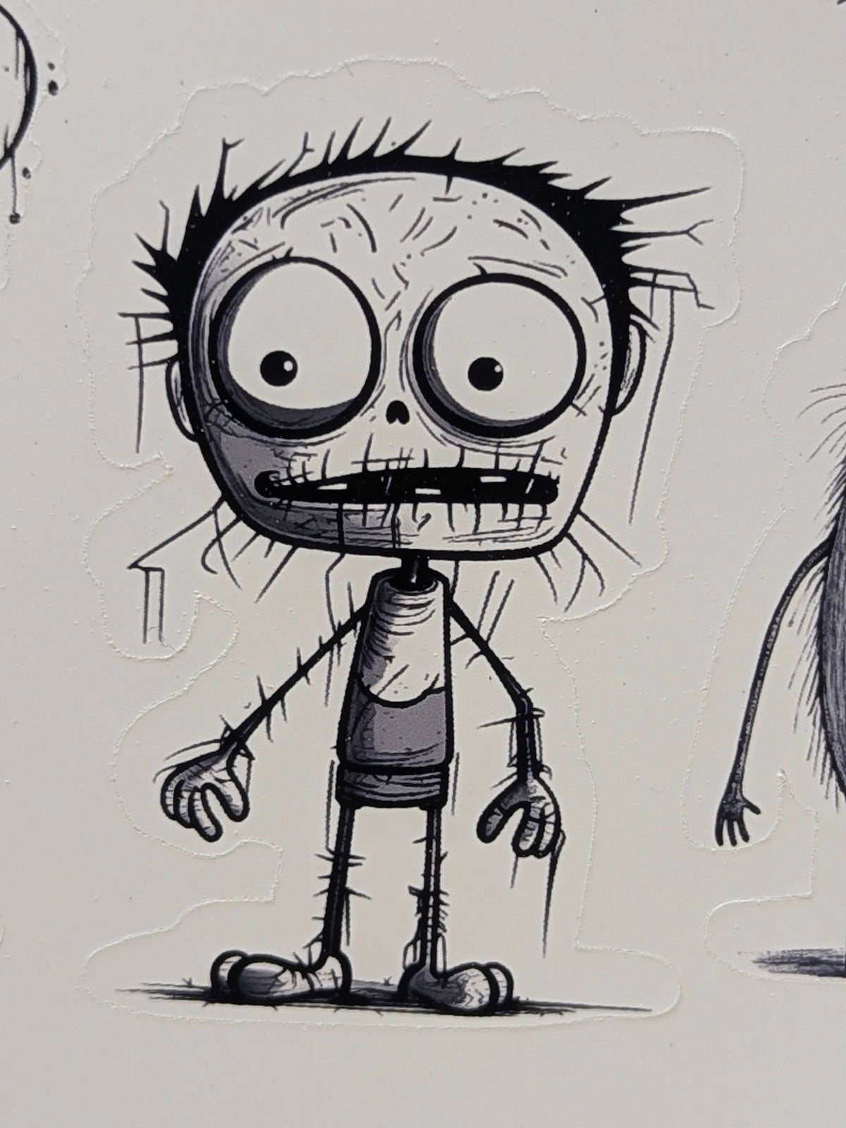 Close-up of the sketched zombie boy Halloween sticker