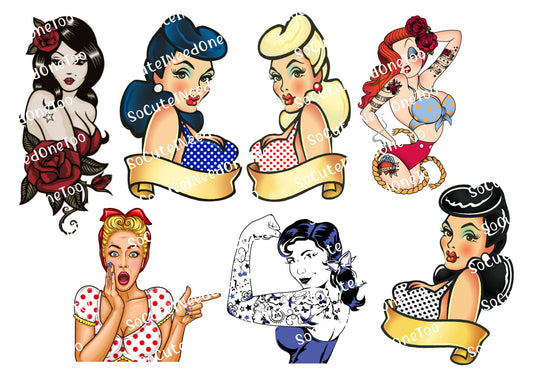 Calcomanías PIN UP GIRLS en papel transparente/blanco para transferencia al agua, listas para usar 