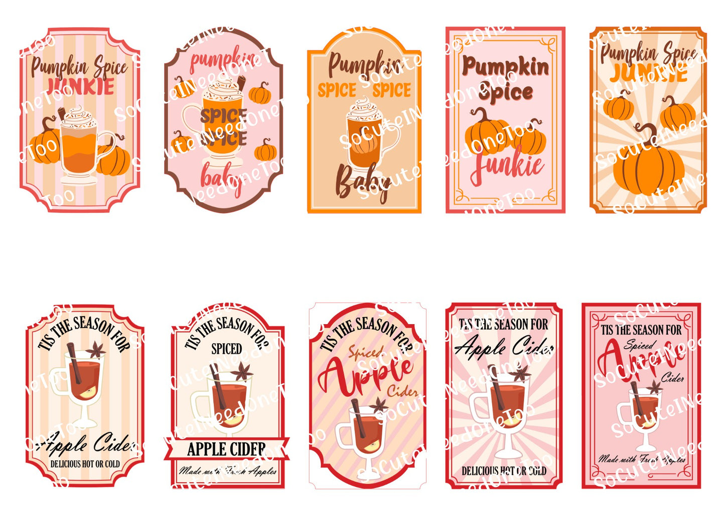 Set of pumpkin spice and apple cider themed labels on a white background