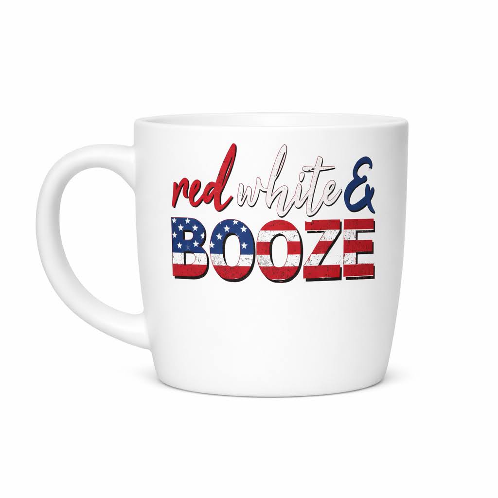A white ceramic mug featuring a patriotic-themed graphic that reads 'red white & BOOZE' in red, white, and blue lettering with an American flag pattern, set against a plain white background.
