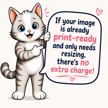 Cartoon cat holding a speech bubble with text about image resizing.