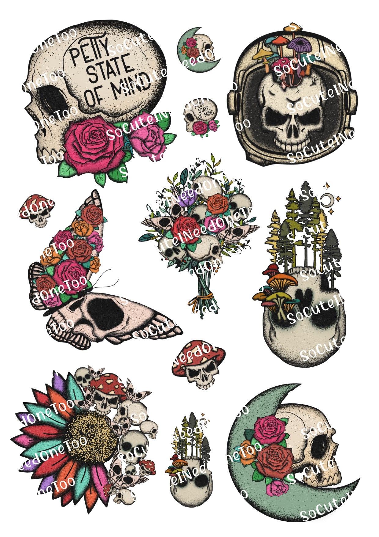 Skull Waterslide Decals - Multiple Designs Clear Background 3-3.5 Inch