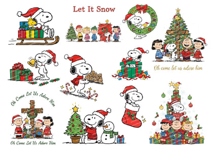 Collection of Christmas-themed illustrations featuring Snoopy and friends with festive elements.