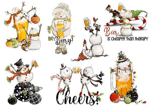 Collection of festive snowman illustrations with various poses and drink-themed sayings.