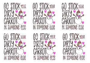 Snowman dirty carrot funny adult Christmas humor waterslide decals