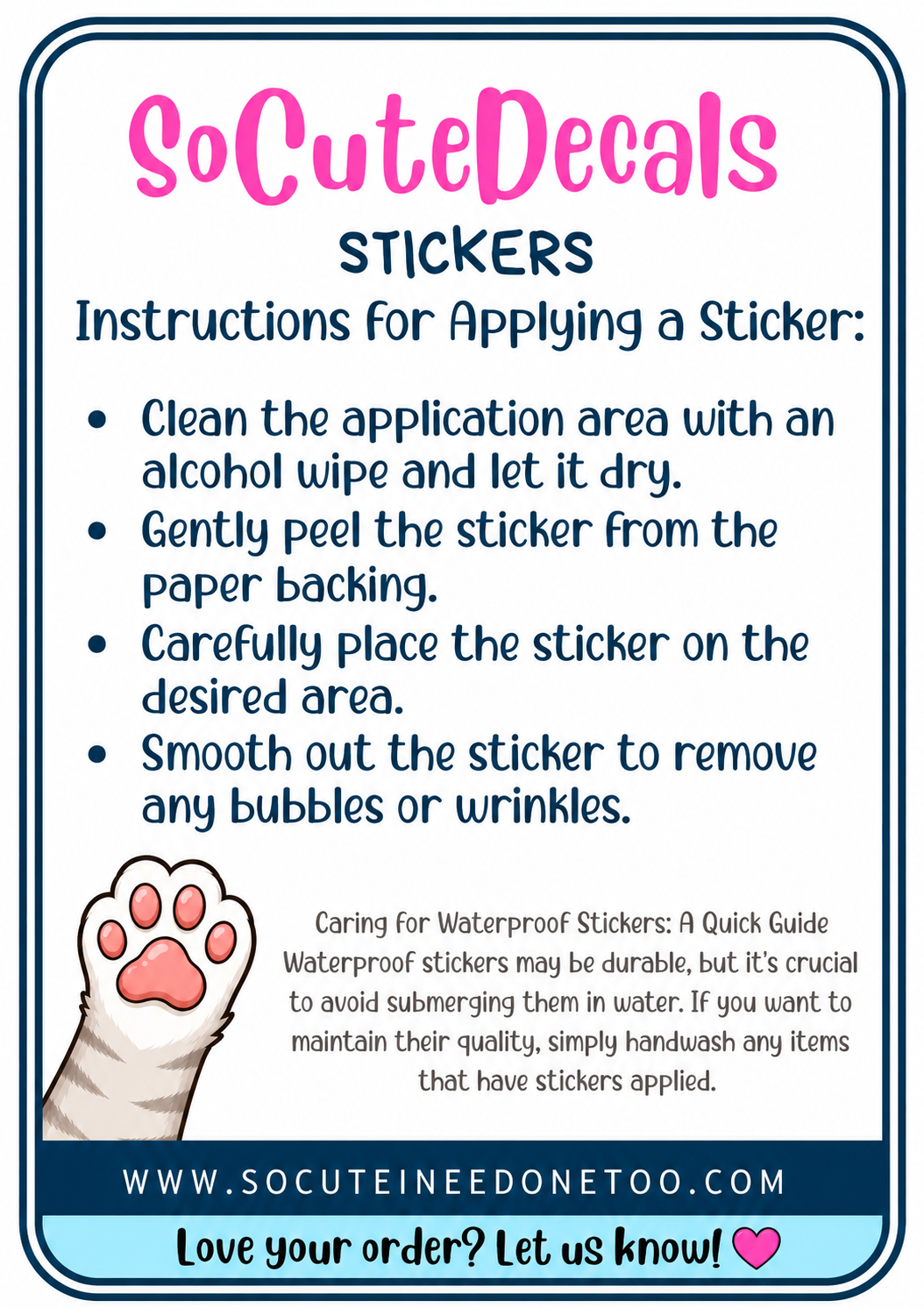 Instructions for applying stickers from SoCuteDecals with a paw print graphic.