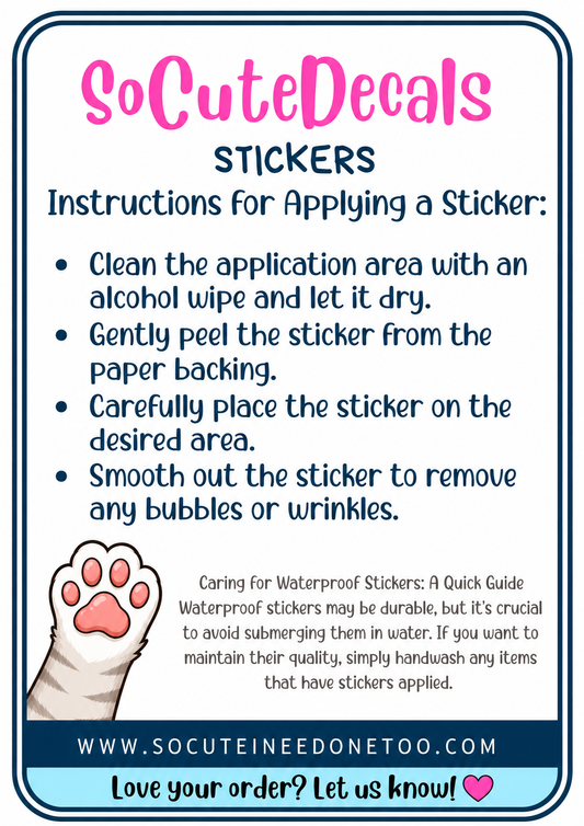 Instructions for applying stickers from SoCuteDecals with a paw print graphic.
