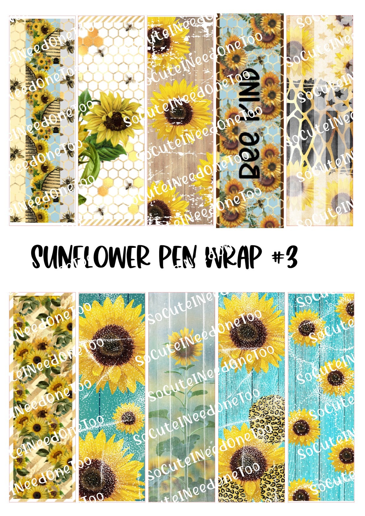 Sunflower Pen Wraps Waterslide Decals - 1.5" x 4.75" - Clear or White Background
