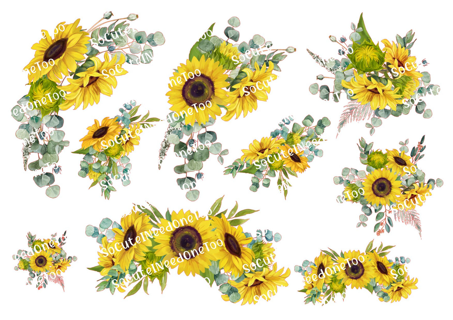 Sunflower & Eucalyptus Waterslide Decals – Botanical Designs for Tumblers