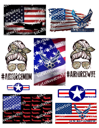 Collection of Air Force-themed graphics with American flags and text.