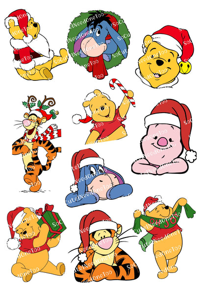 Winnie the Pooh Christmas Waterslide Decals - Clear or White Background