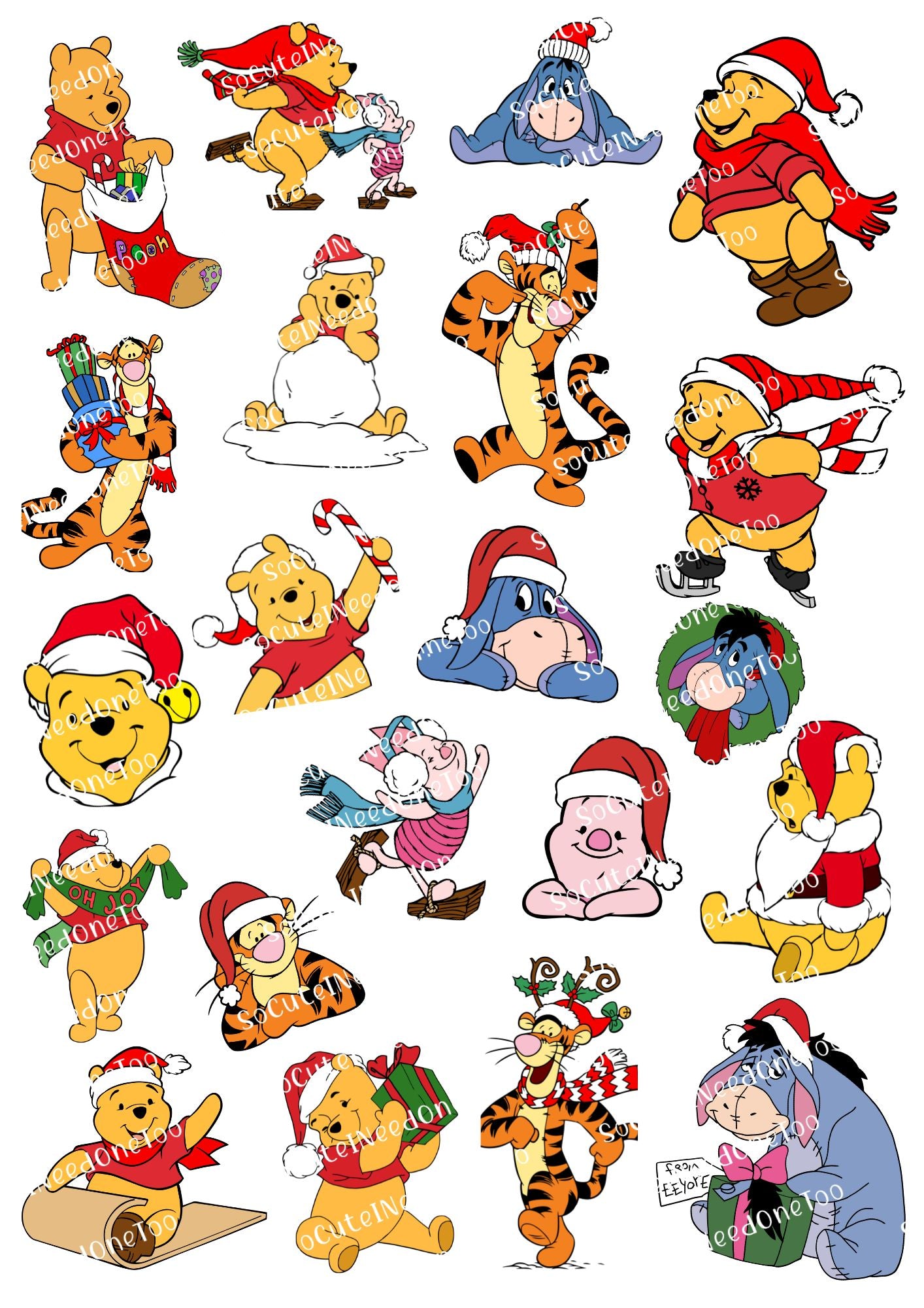 Winnie the Pooh Christmas Waterslide Decals - Clear or White Background