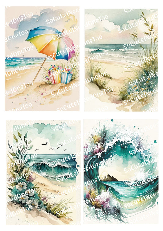 Set of four beach-themed illustrations with umbrellas and ocean waves.