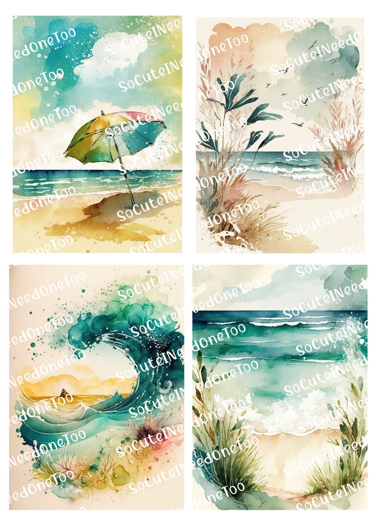 Set of four beach-themed illustrations with umbrellas, sand, and ocean waves.