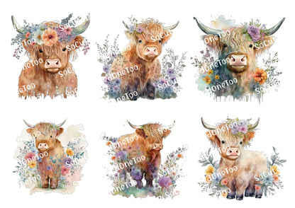 Set of six highland cow illustrations with floral wreaths on a white background.