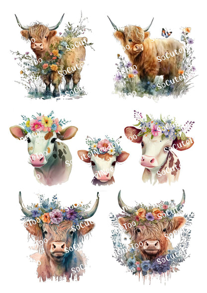 Set of six cow illustrations with floral wreaths on a white background