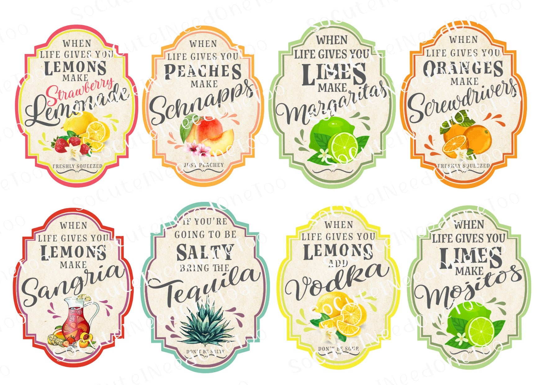 Set of colorful cocktail-themed labels with humorous sayings on a white background