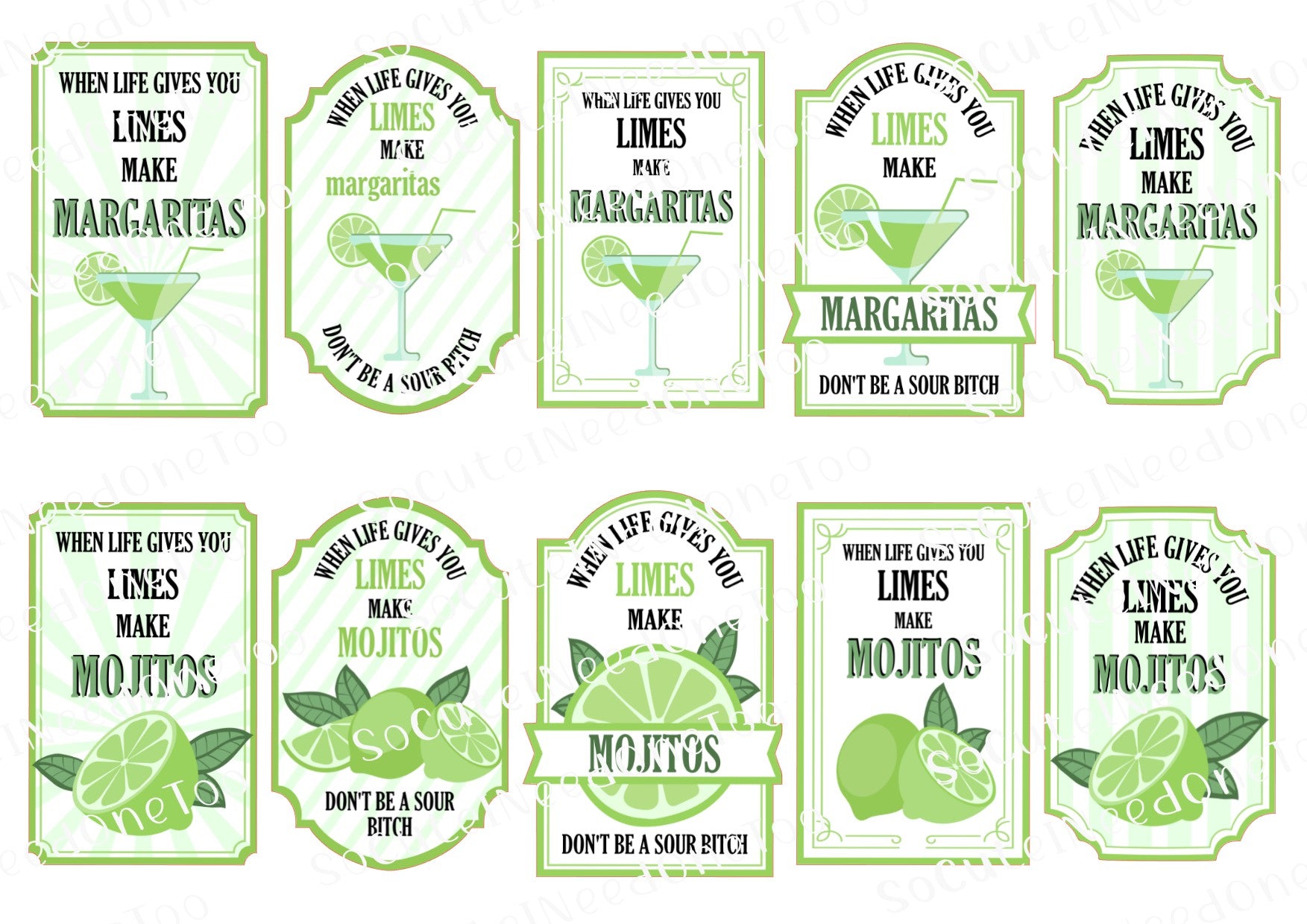 Set of 9 cocktail-themed posters with lime and martini graphics on a white background.