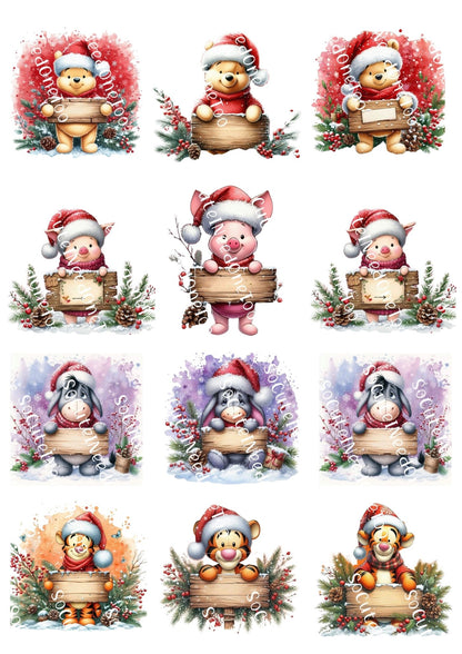 Winnie the Pooh Christmas Waterslide Decals - Clear or White Background