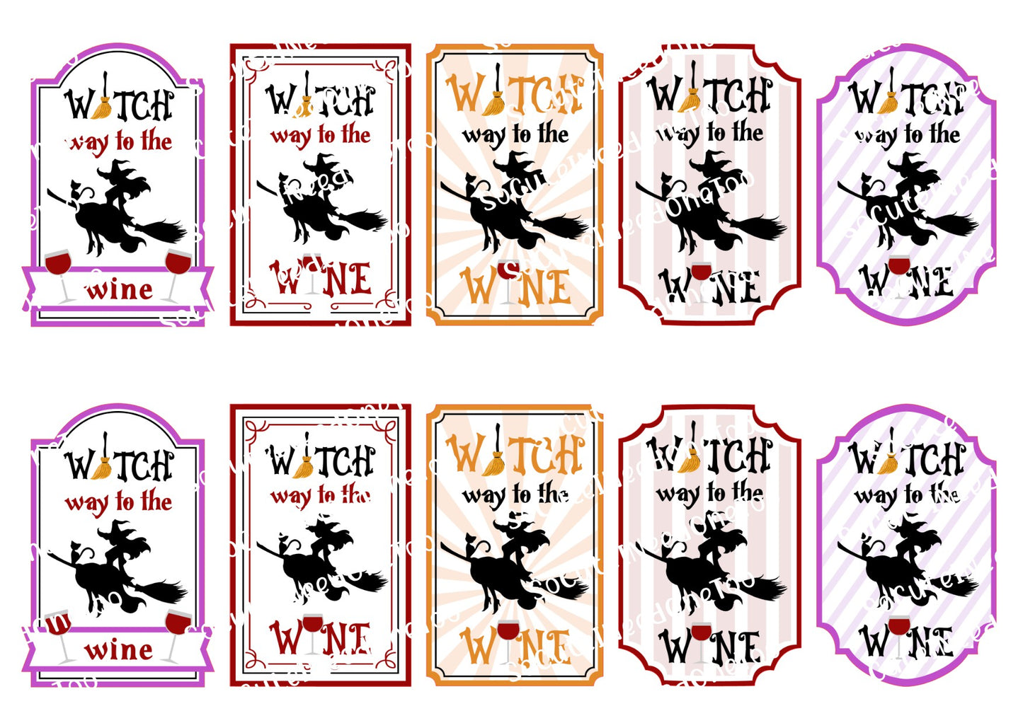 Set of 'Witch way to the wine' labels in various colors on a white background