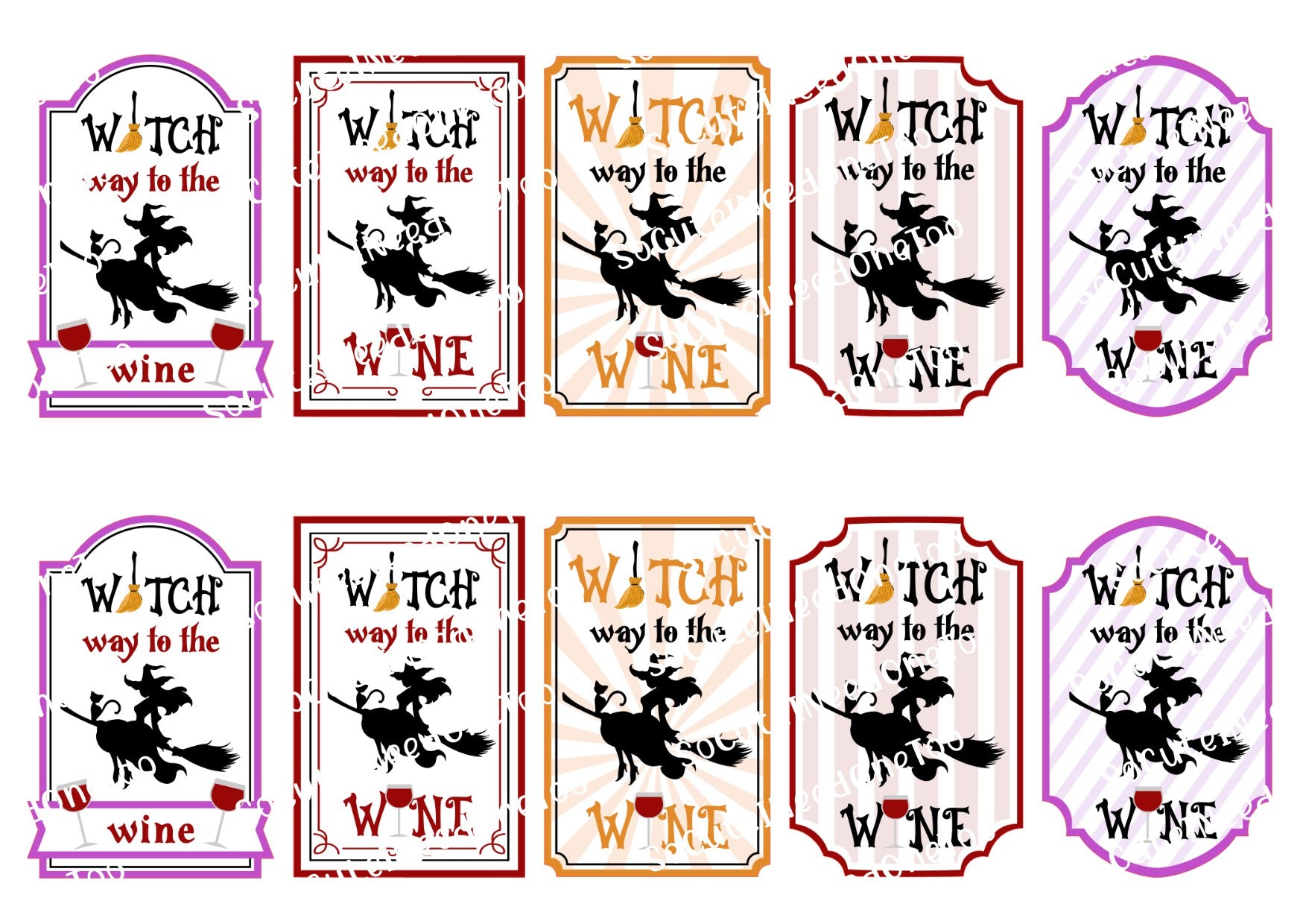 Set of 'Witch way to the wine' labels in various colors on a white background