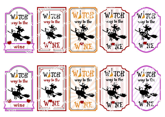 Set of 'Witch way to the wine' labels in various colors on a white background