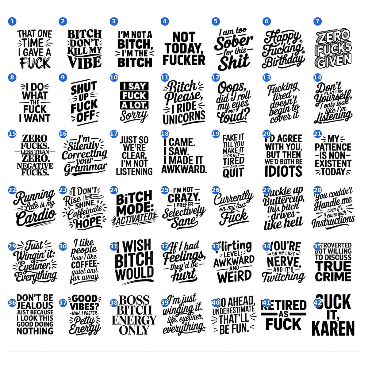 Adult humor vinyl decal designs numbered 1 to 42