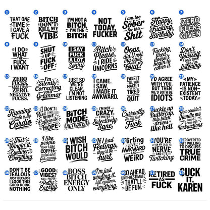 Adult humor vinyl decal designs numbered 1 to 42