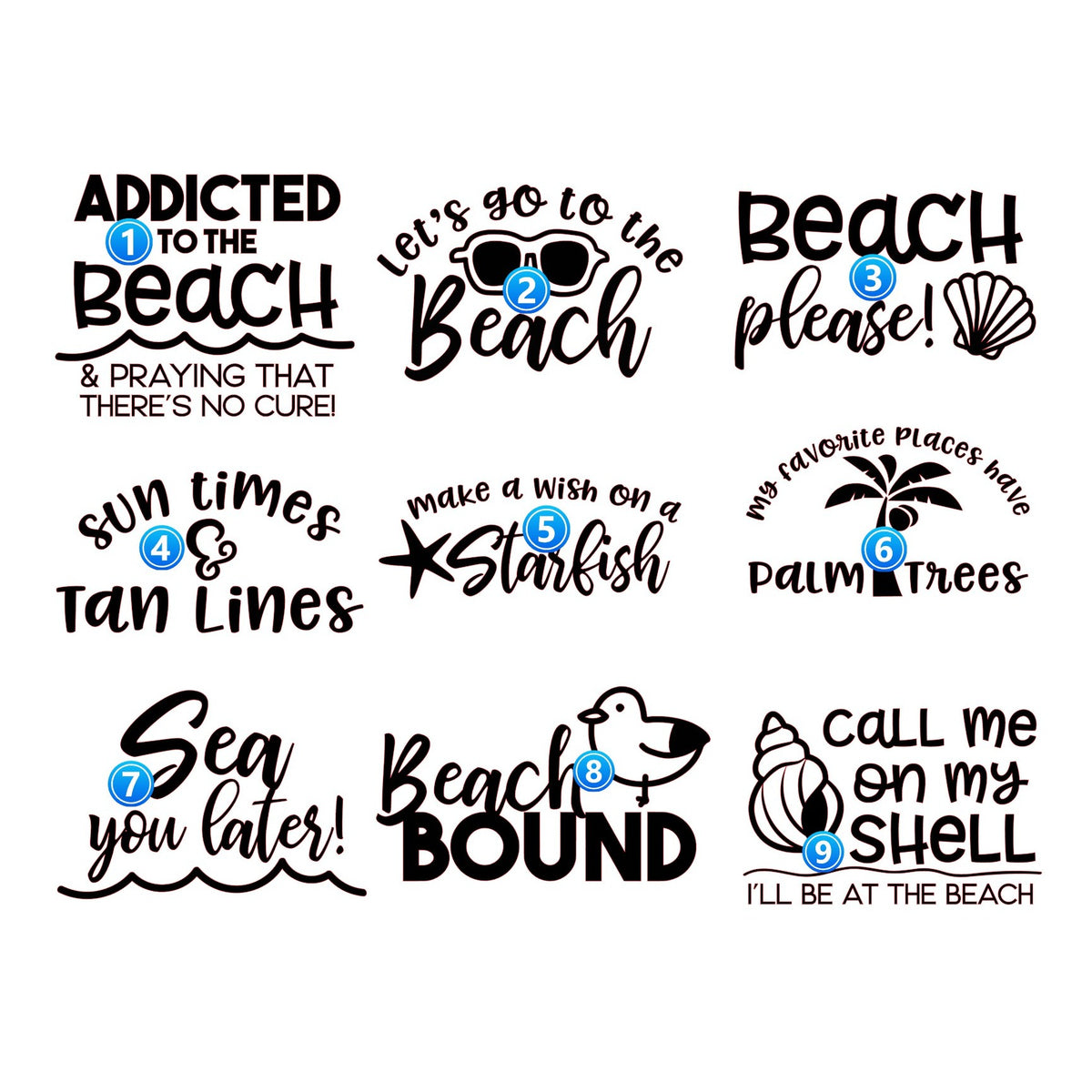 Beach vinyl decal designs numbered 1 to 9