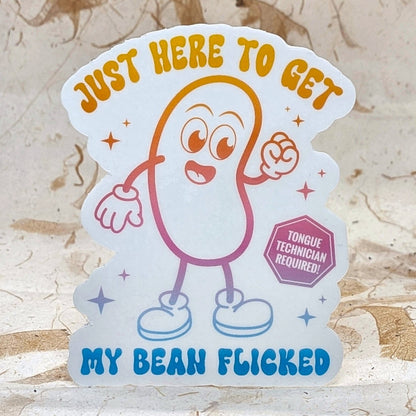 Just Here To Get My Bean Flicked retro cartoon bean die-cut vinyl sticker, real product photo