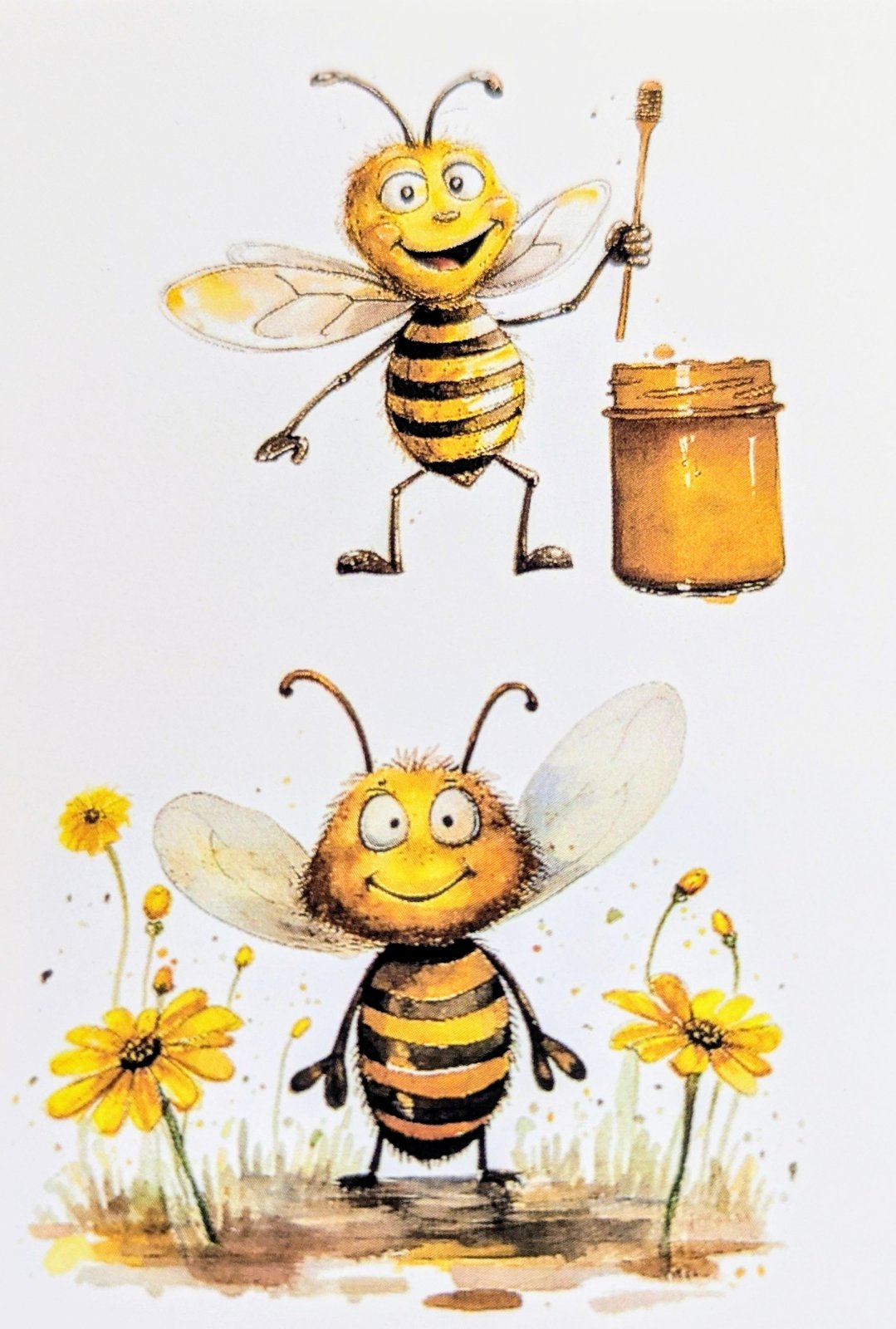 Cute cartoon bees with honey pot and flowers printed waterslide decals
