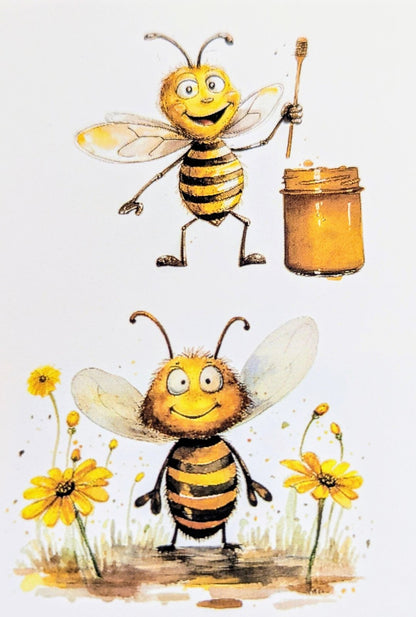 Cute cartoon bees with honey pot and flowers printed waterslide decals