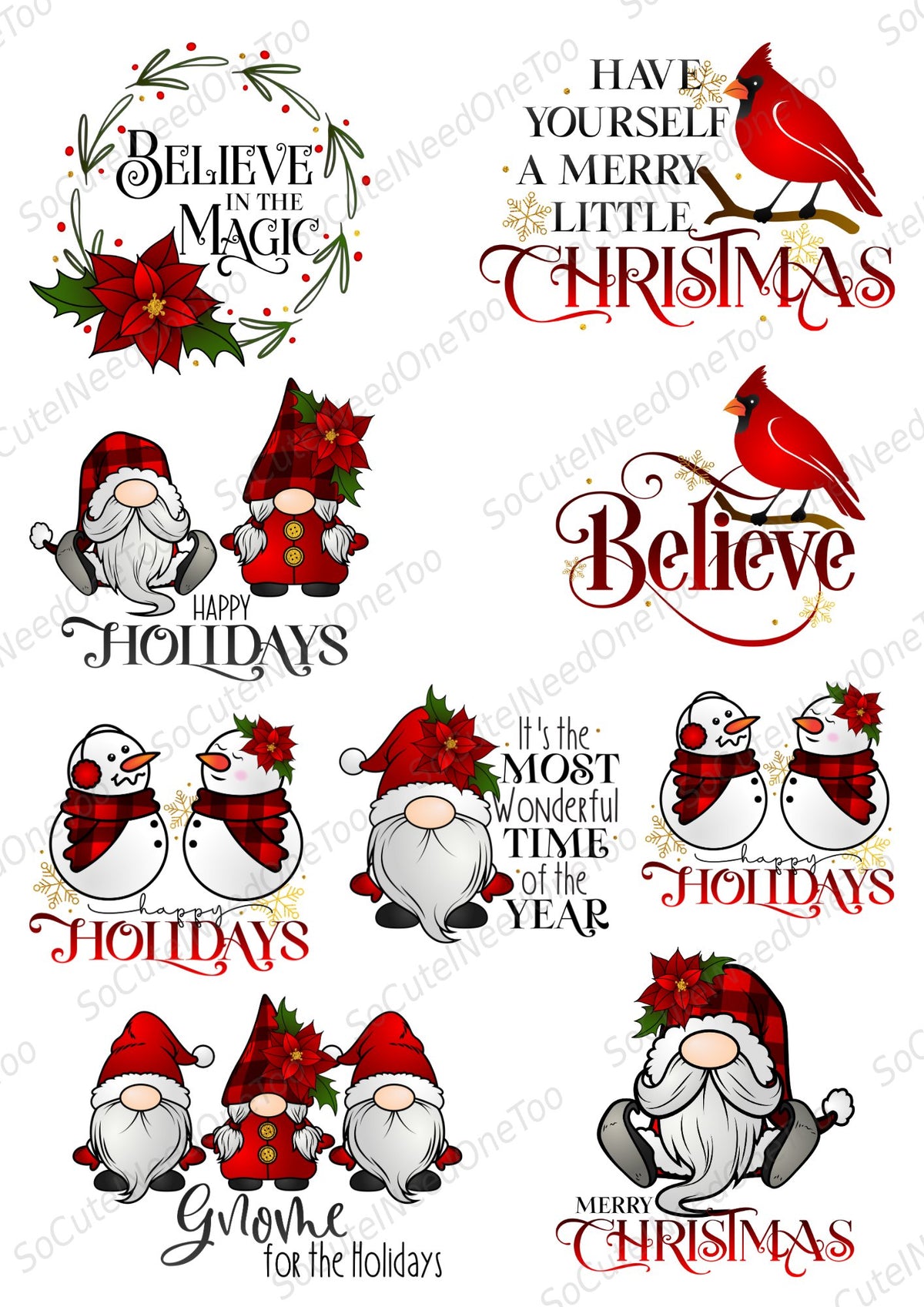 Believe in the Magic Christmas Waterslide Decals - gnome and cardinal designs - SoCuteINeedOneToo