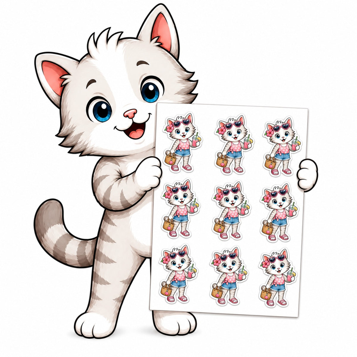 Bobcat holding a custom kiss cut sticker sheet of cat stickers from SoCuteINeedOneToo
