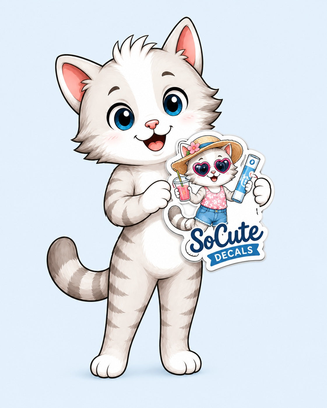 Bobcat holding a custom contour cut sticker with a SoCute Decals logo