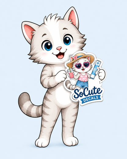 Bobcat holding a custom contour cut sticker with a SoCute Decals logo