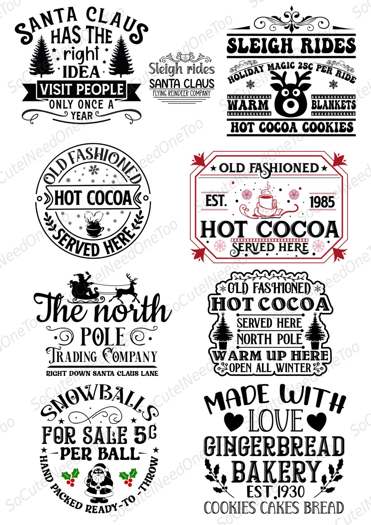 Vintage Christmas Labels Waterslide Decals - hot cocoa and sleigh ride signs - SoCuteINeedOneToo